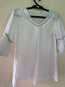 White Embroidered V-Neck Top