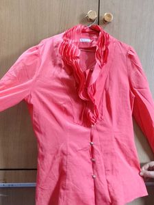 Elegant Pink Blouse with Ruffled Neckline