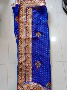 Blue &amp; Red Embroidered Silk Saree