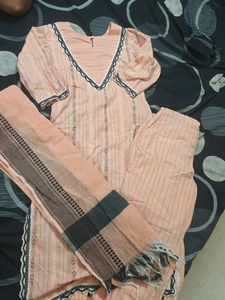 Peach Striped Kurta Set with Dupatta