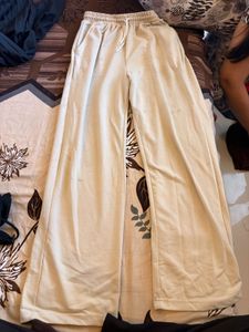Beige Wide-Leg Drawstring Pants