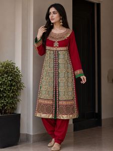 Red &amp; Green Embroidered Gown Set | SHALWAR KAMEEZ