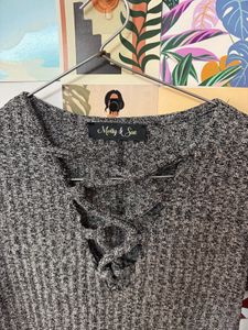 Grey Lace-Up Ribbed Long Sleeve Top