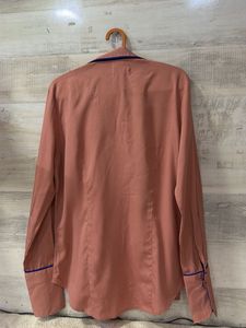 Chic Pink Button-Up Shirt with Blue Trim