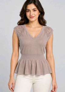 Fitted Peplum Top with Lace Shoulder Detail