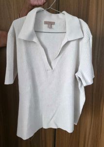 Cream Ribbed Polo Top