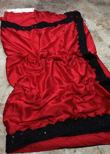Red Satin Saree with Black Border