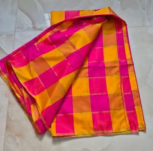 Vibrant Pink &amp; Yellow Checked Silk Saree