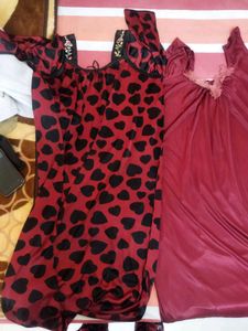 2 Ladies Nightgowns - Heart Print & Solid