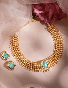 Blue Studded Golden Choker Set