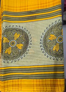 Elegant Linen Cotton Saree - Yellow Print