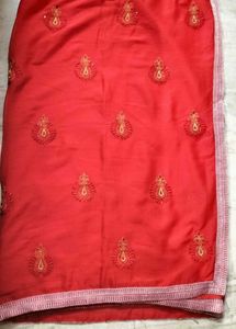 ❤️ Elegant Red Embroidered Saree with Blouse