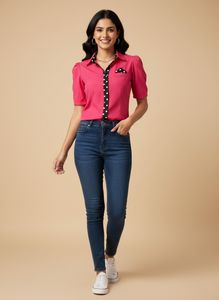 Hot Pink Button-Up Shirt with Polka Dot Accent