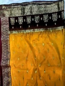 Mustard yellow Meroon pure Kanjeevaram silk sari
