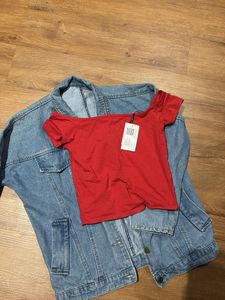 Red Off-Shoulder Top & Denim Jacket