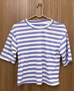 Purple Striped Crew Neck Cropped Top