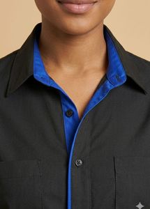 Black Button-Up Shirt with Blue Trim bust