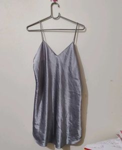 silver-toned, satin  slip dress