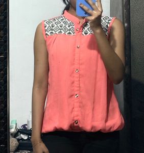 Coral Top with Geometric Print Yoke