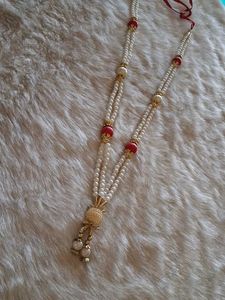 Elegant Pearl and Red Beaded Necklace