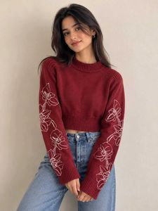 Maroon Floral Embroidered Cropped Knit Sweater