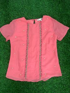 Rumi Beaded Embellished Coral Pink Blouse Top
