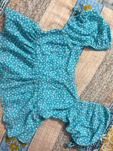 Cute Blue Floral Puff Sleeve Top