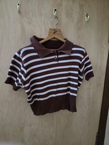 Brown & White Striped Polo Top