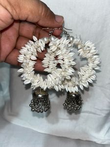 White Flower Hoop Earrings with Jhumka