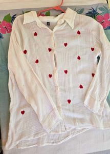 Cute White Heart Embroidery Button-Up Shirt