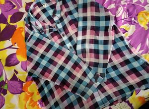 Sheer Plaid Button-Down Top