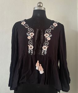 Floral Embroidered Black Peplum Top