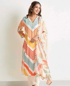 Vibrant Chevron Print Kurta Set with Dupatta