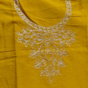 Mustard Yellow Silver Zari Neck Embroidered Party