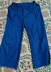 Blue Denim Capri Pants with Tie Waist
