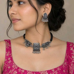 Oxidized Silver Peacock Necklace Set