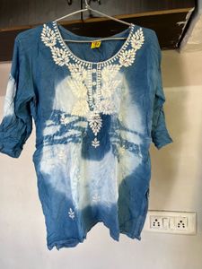 Embroidered Blue &amp; White Kurti Top