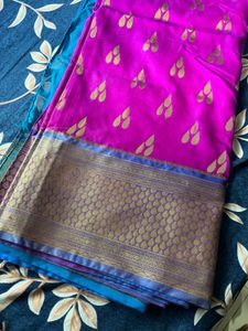 Vibrant Rani Pink Saree with sky blue blouse