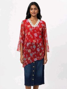 Red Chiffon Floral Asymmetric Top with Lycra Linin