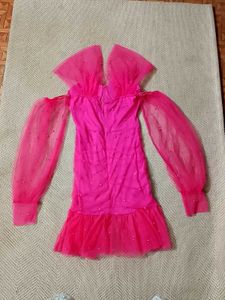 Hot Pink Tulle Pearl Embellished Dress