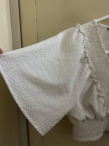 White Smocked V-Neck Cropped Top