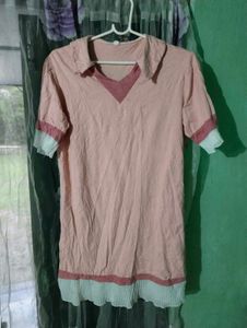 Length 33,Pink Collared Blouse with Pleated Hem