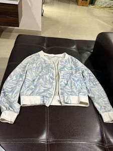 Light Blue Leaf Print Bomber Jacket