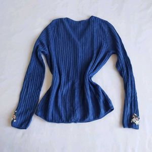 Blue Cardigan with Floral Embroidery&amp; Embel