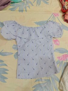 Cute Blue Striped Off-Shoulder Top &amp; White Skirt S