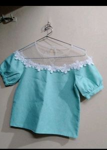 Aqua Blue Off-Shoulder Top with Lace Detail