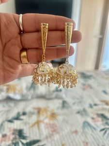 Gold ivory modern jhumkas