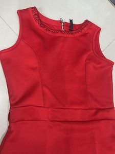 Elegant Red Dress with Embellished Neckline