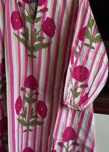 Vibrant Pink Striped Kurta with Floral Print