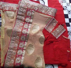 Heavy Cream And Red Color Combination Saree